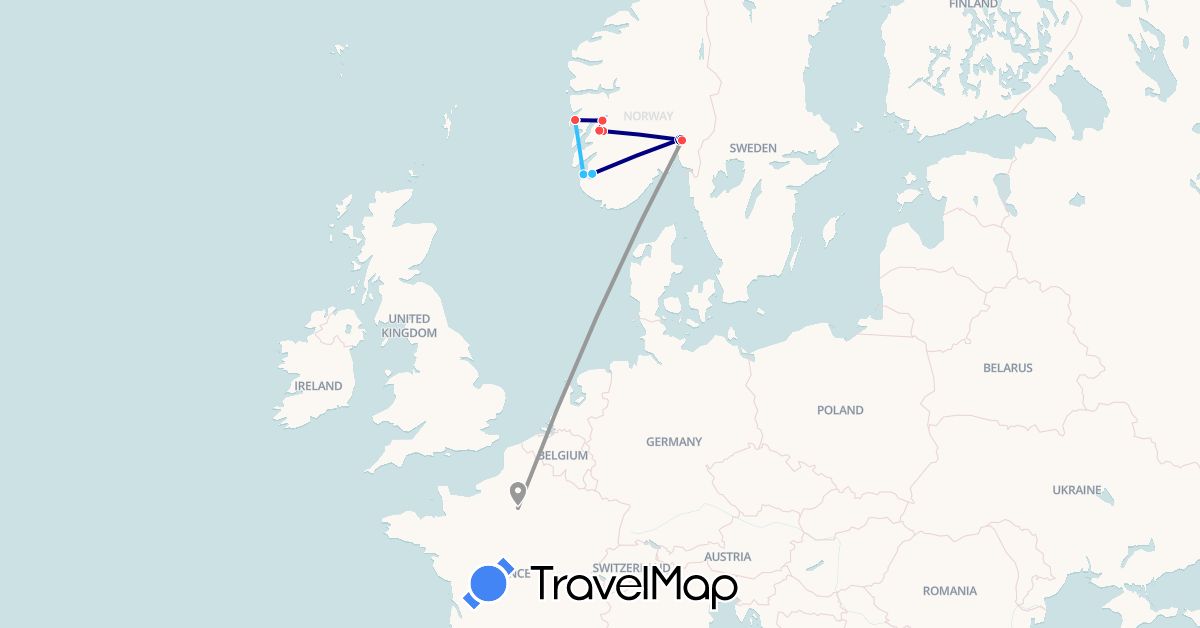 TravelMap itinerary: driving, plane, hiking, boat in France, Norway (Europe)